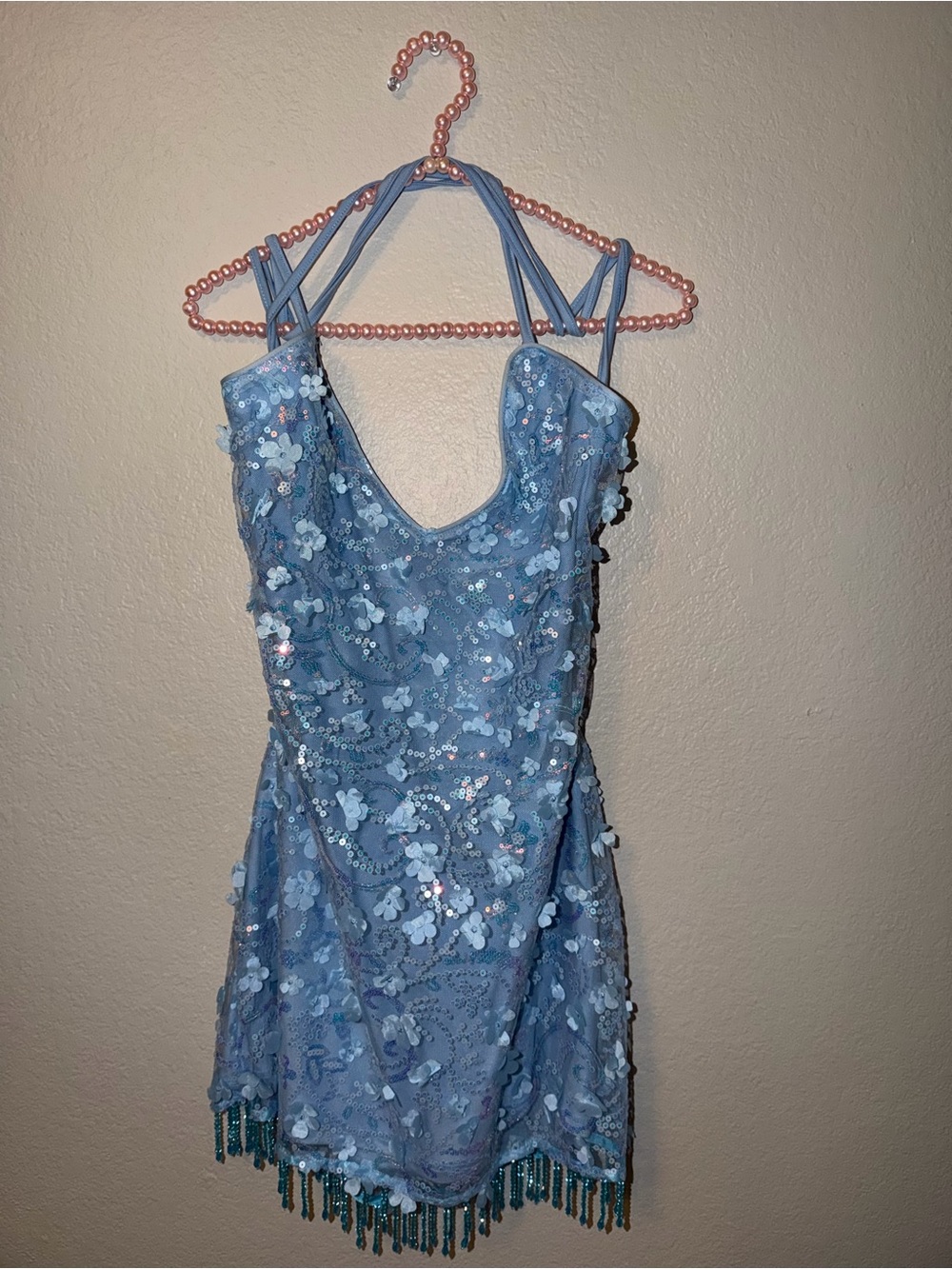 SHEIN Light Blue Floral Sequin Strappy Mini Dress